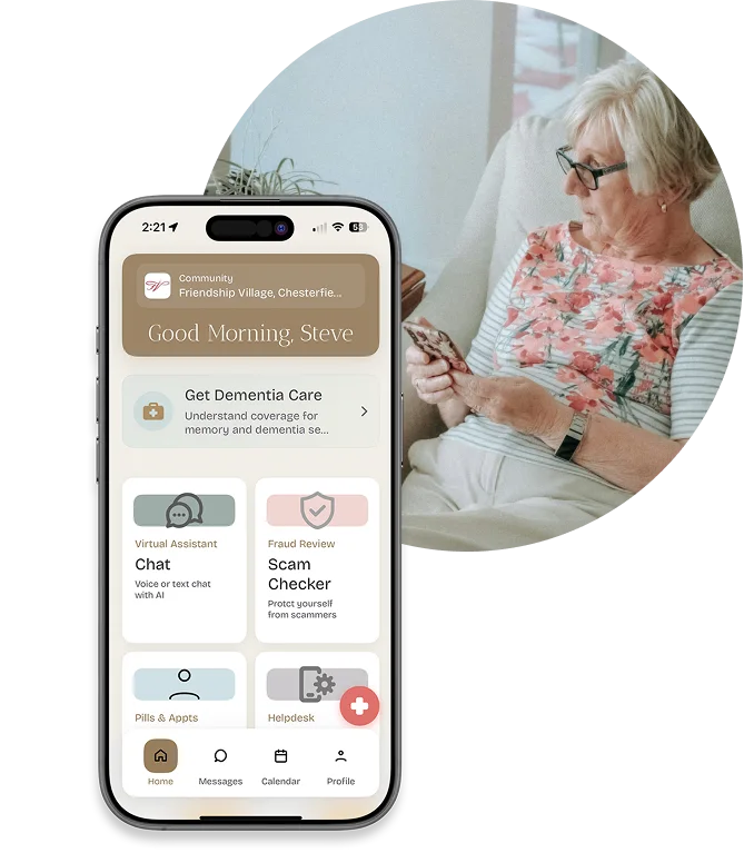 An elderly woman in glasses and a floral shirt sits on a couch using a smartphone. In the foreground, a phone screen displays a dementia care app with options for chat, scam checker, pills & appointments, and helpdesk.