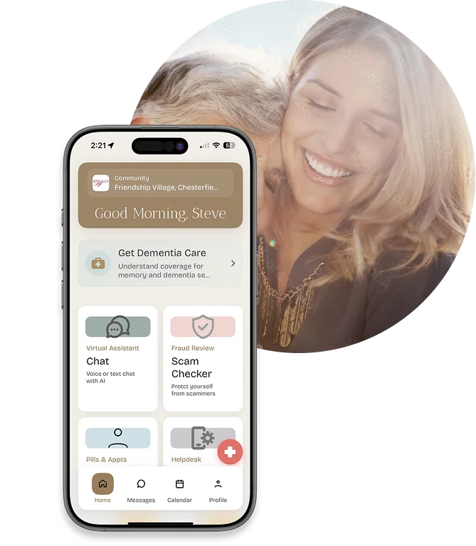 A smartphone displaying a dementia care app is in the foreground, featuring options like chat, scam checker, pills & apps, and helpdesk. In the background, a smiling woman hugs an older person.