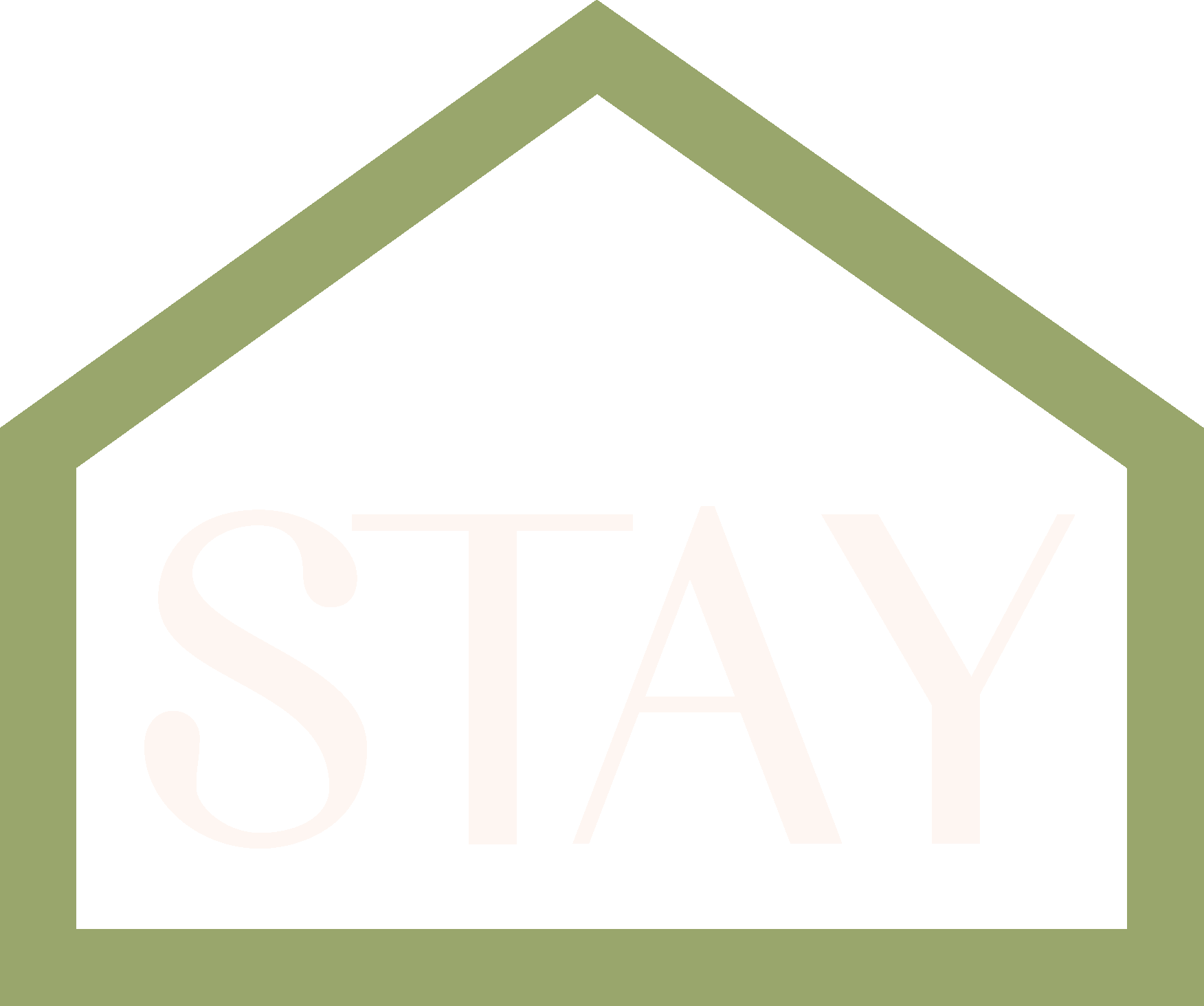 A simple house-shaped outline in olive green with the word STAY in large, pale letters centered inside on a white background.