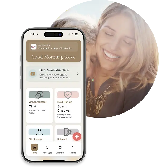 A smartphone displays a dementia care app interface with options like Get Dementia Care, Scan Checker, and Virtual Assistant Chat. In the background, a smiling woman with long hair is partially visible.